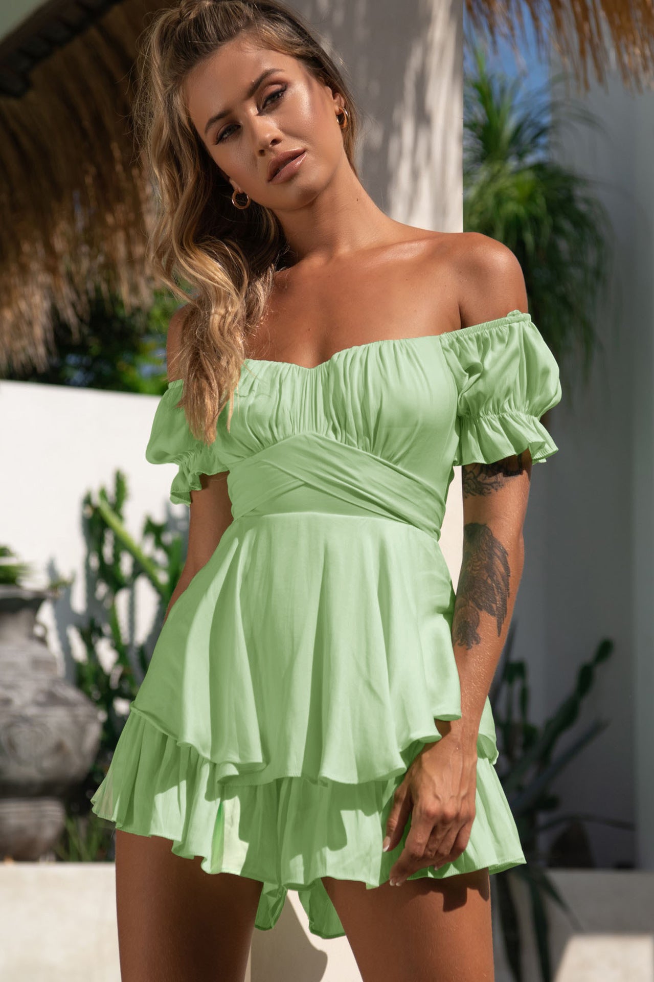 Jumpsuit Solid Color Off-neck Lantern Ruffle Sleeve