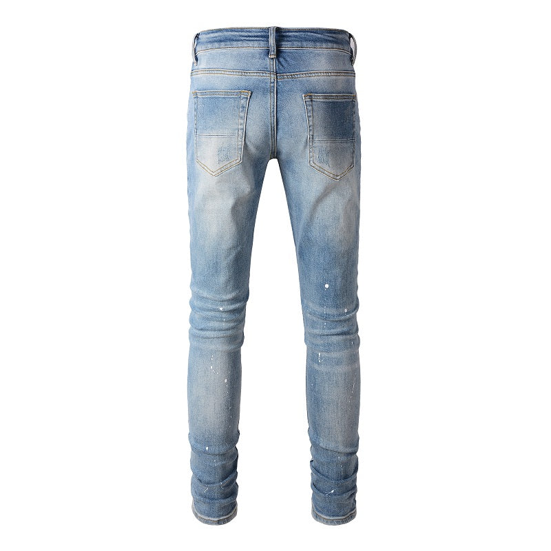 High Street Trendy Brand Worn Out Wash Paint Splashing Perforated Jeans - Premium Jeans from My Store - Just €108.32! Shop now at KIYOO Royal Brand