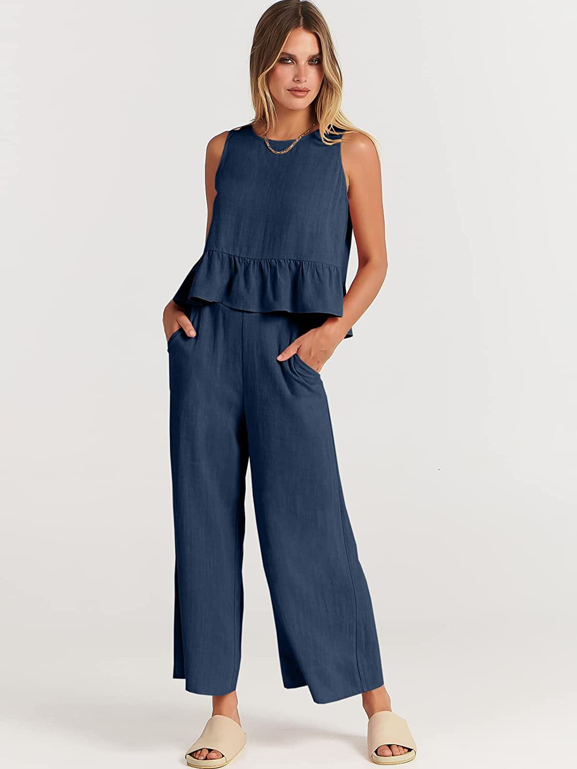 Pleated Vest And Wide-leg Cropped Pants