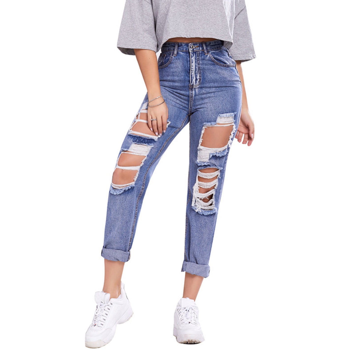 Ladies Trousers High-waisted Butt-lifting Holes Casual Straight-leg Denim Trousers - Premium Dames Jeans from My Store - Just €43.04! Shop now at KIYOO Royal Brand