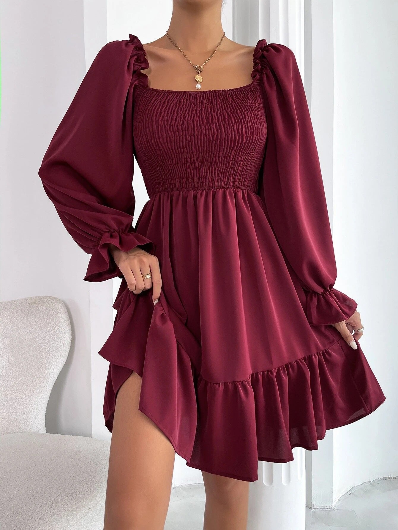 Flared Long Sleeve Dresses Women Square Neck Ruffled Swing Dress - Premium Jurken from My Store - Just €37.95! Shop now at KIYOO Royal Brand