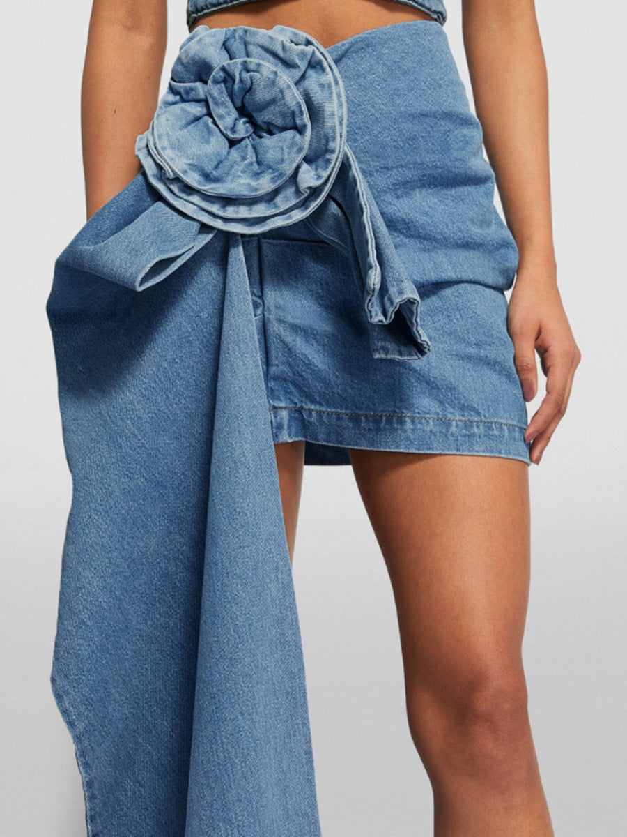 Women's Retro Blue Rose Flower Denim Skirt