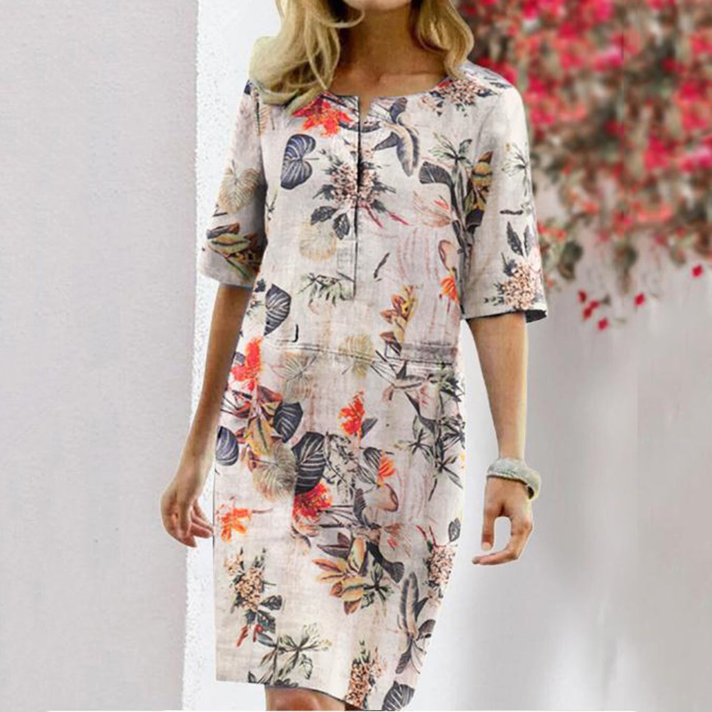 Floral Leaf Print Slit Round Neck Half Sleeve Dress - Premium Jurken from My Store - Just €29.55! Shop now at KIYOO Royal Brand