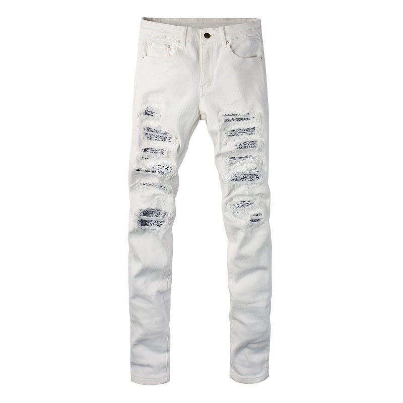 White Cashew Flower Patch Torn Jeans - Premium Jeans from My Store - Just €104.84! Shop now at KIYOO Royal Brand