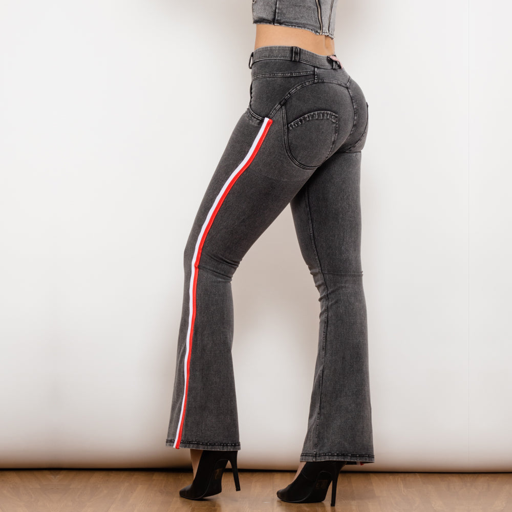 Shascullfites Melody Side Striped Middle Waist Grey Jeans Butt Lift Leggings Woman Sexy Push Up Jeans Denim Flare Pants - Premium Dames Jeans from My Store - Just €69.07! Shop now at KIYOO Royal Brand