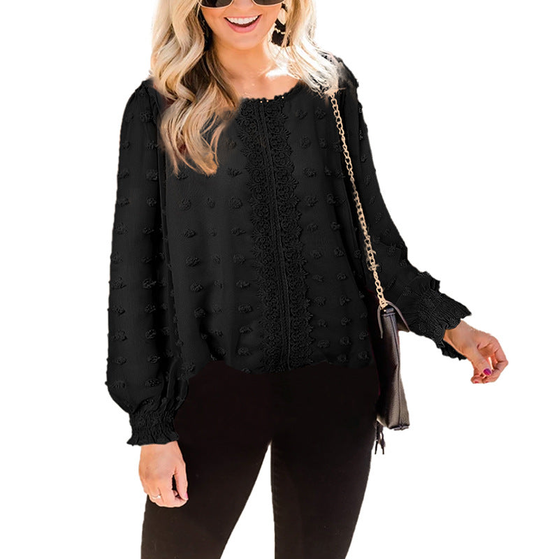 Chiffon Jacquard Lantern Long-sleeved Round Neck Blouse Women - Premium Blouses from My Store - Just €55.92! Shop now at KIYOO Royal Brand