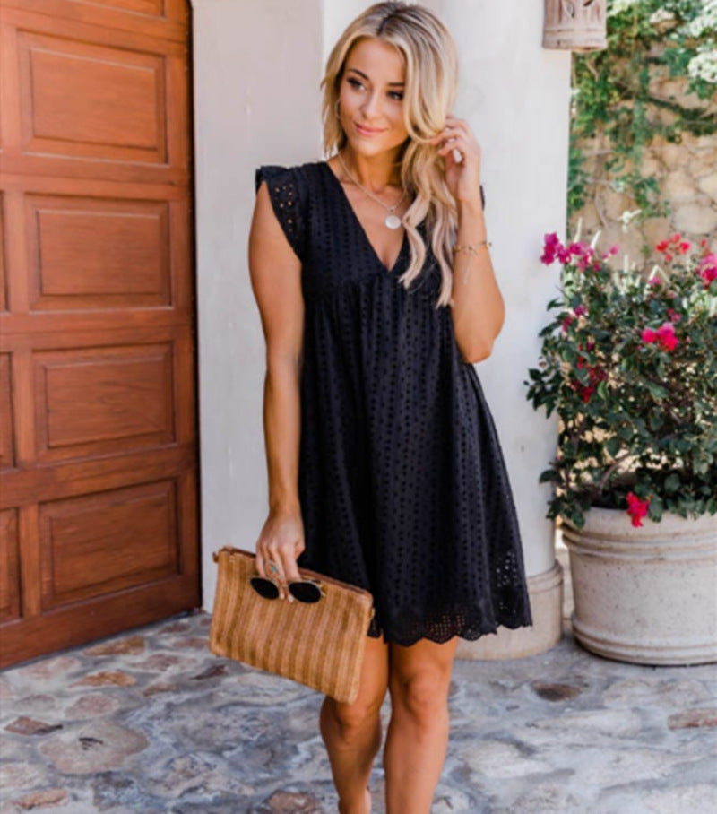 Lace Dress With Pocket Jacquard Cutout V-Neck