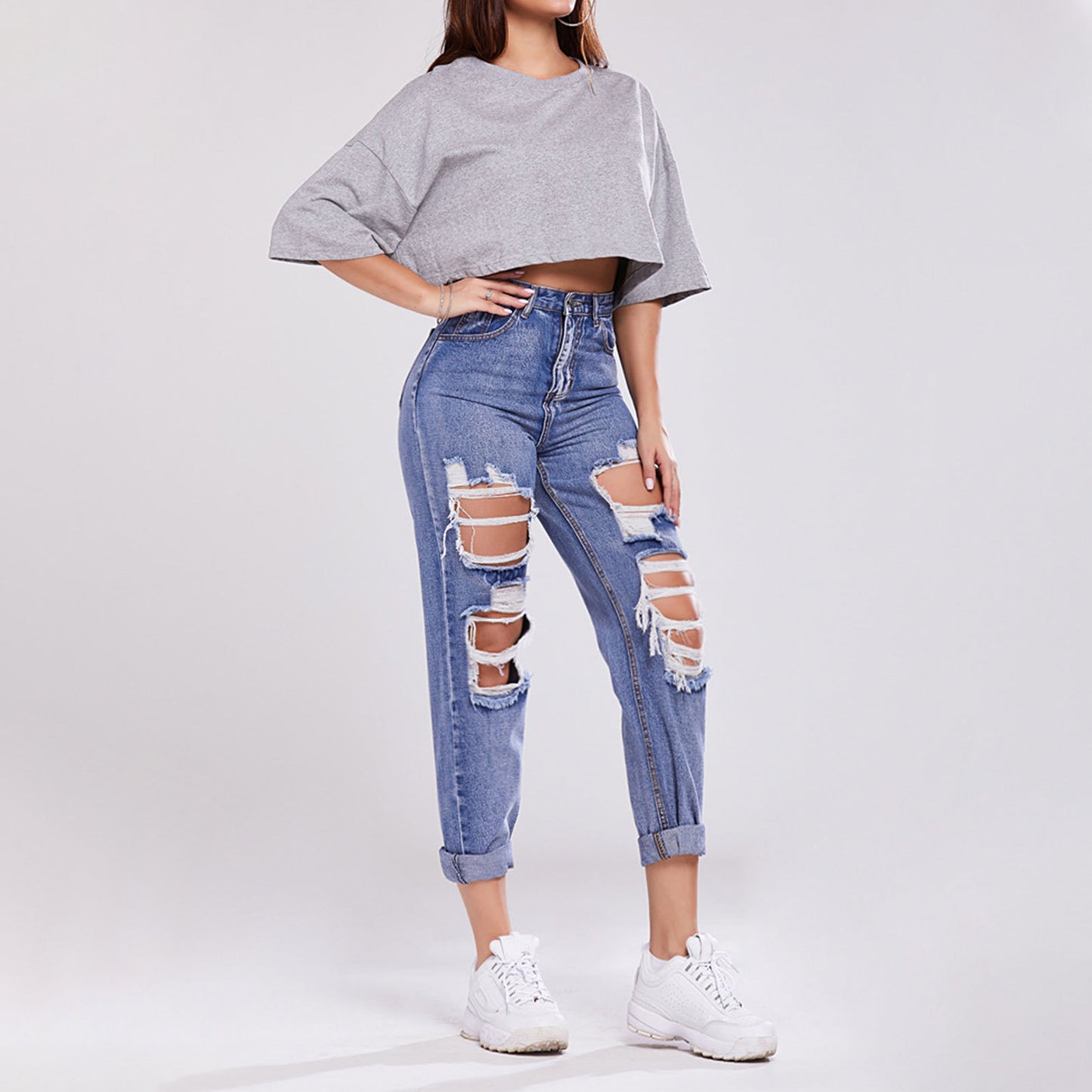 Ladies Trousers High-waisted Butt-lifting Holes Casual Straight-leg Denim Trousers - Premium Dames Jeans from My Store - Just €43.04! Shop now at KIYOO Royal Brand