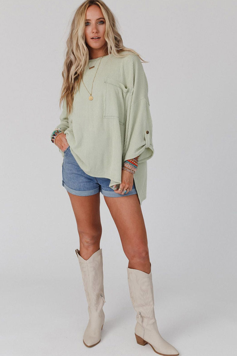 Solid Color Sweater Loose Casual Pocket Curling Threaded Long Sleeve Top - Premium Truien & Vesten from My Store - Just €41.42! Shop now at KIYOO Royal Brand