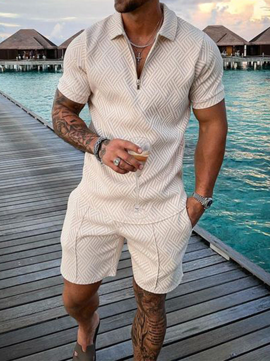 Contrast POLO Zip Lapel Shirt Short Sleeve Suit