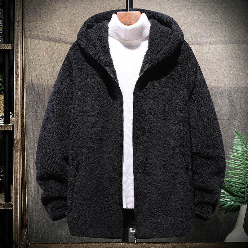 New Large Size Men's Casual Grain Fashion Fleece Hooded Jacket