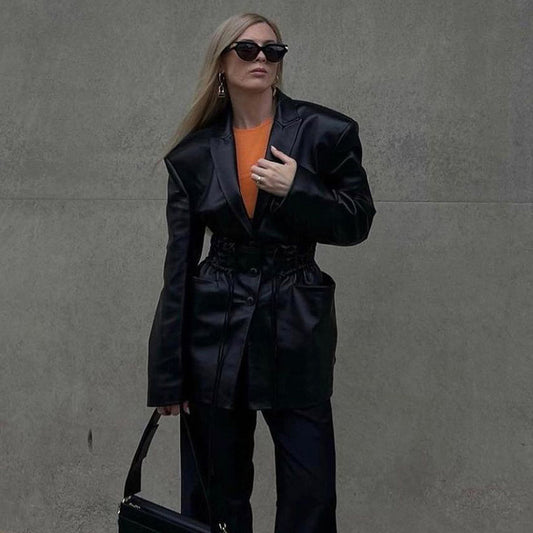 V-neck Shoulder Strap Waist Leather Pocket Long Top Coat - Premium Dames Jassen from My Store - Just €64.96! Shop now at KIYOO Royal Brand