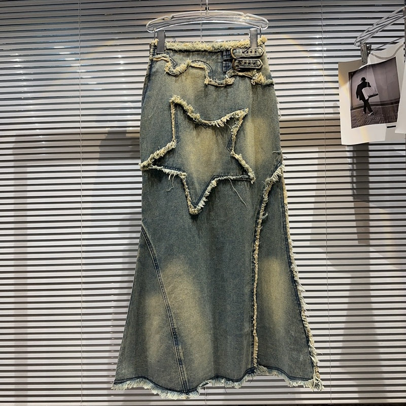 New And Old Vintage Washed Denim Skirt For Women - Premium Rokken from My Store - Just €55.68! Shop now at KIYOO Royal Brand