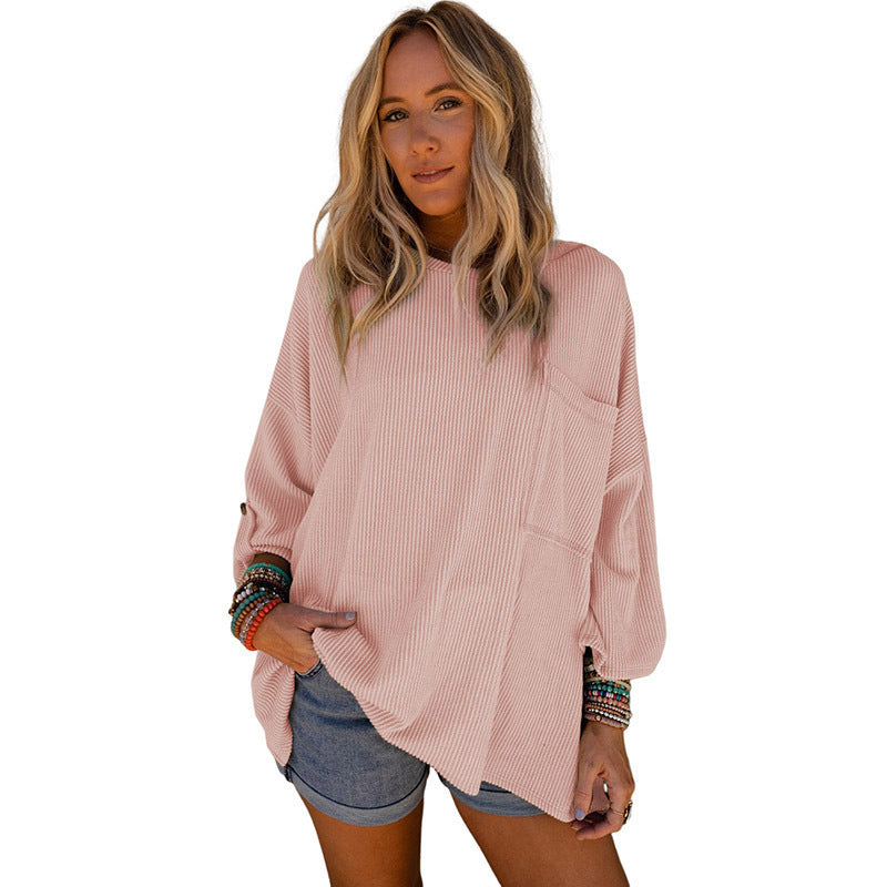 Solid Color Sweater Loose Casual Pocket Curling Threaded Long Sleeve Top - Premium Truien & Vesten from My Store - Just €41.42! Shop now at KIYOO Royal Brand