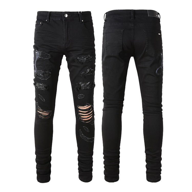 Broken Jeans With Elastic Embroidery Snake - Premium Jeans from My Store - Just €67.93! Shop now at KIYOO Royal Brand