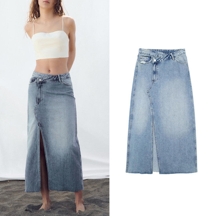 Women's Diagonal Patchwork Mid Rise Denim Skirt - Premium Rokken from My Store - Just €60.95! Shop now at KIYOO Royal Brand