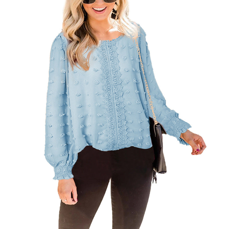 Chiffon Jacquard Lantern Long-sleeved Round Neck Blouse Women - Premium Blouses from My Store - Just €55.92! Shop now at KIYOO Royal Brand