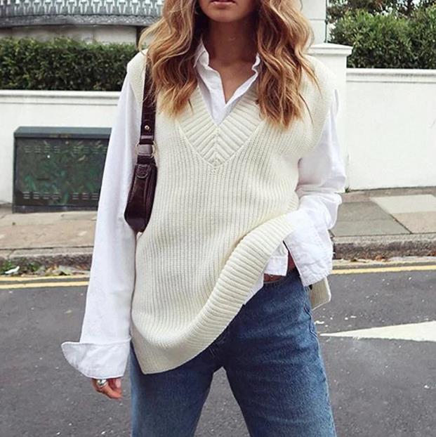 Women's Oversized V Neck Knit Sweater Vest Tunic Sleeveless Pullover Top - Premium Truien & Vesten from My Store - Just €32.45! Shop now at KIYOO Royal Brand