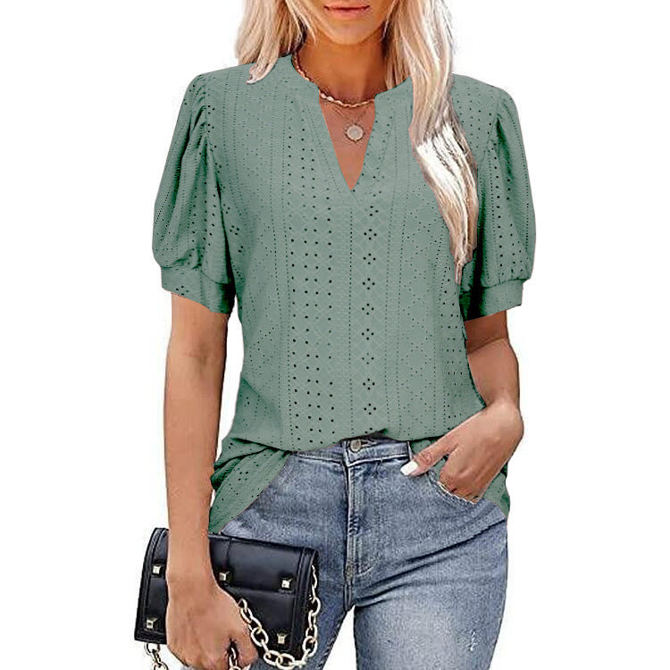 T-shirt met V-hals, effen kleur, losse bolle mouwen - Premium topjes/shirt from My Store - Just €33.15! Shop now at KIYOO Royal Brand