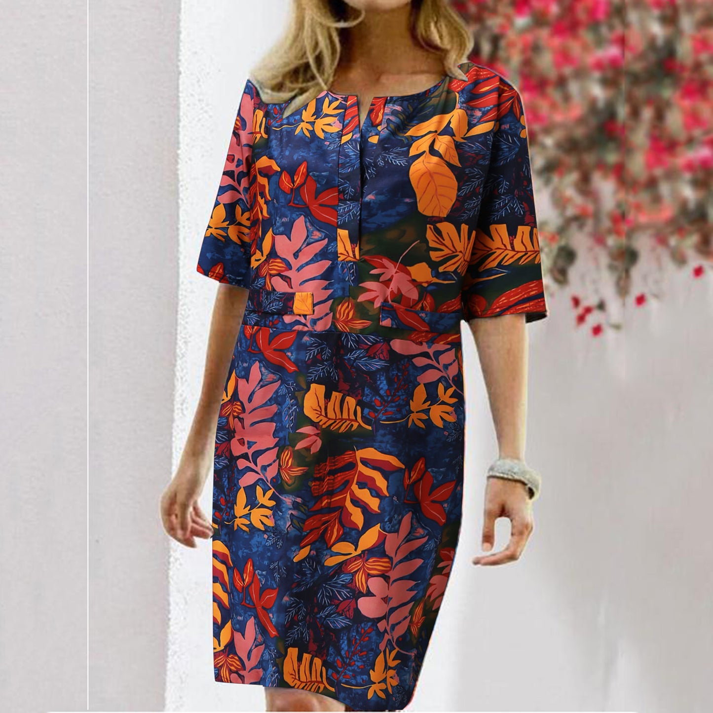 Floral Leaf Print Slit Round Neck Half Sleeve Dress - Premium Jurken from My Store - Just €29.55! Shop now at KIYOO Royal Brand